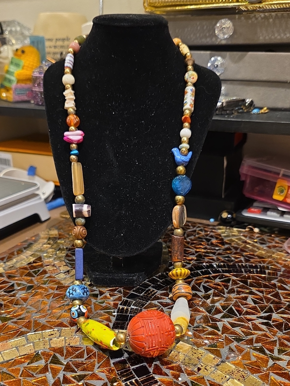 Vintage Multicolor Beaded Necklace with Red, Yellow & Blue Accents